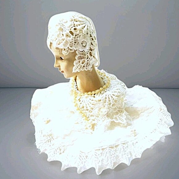 Vintage Victorian Bisque Porcelain Doll Head Christmas Ornament Lace Pearls 6" - Picture 4 of 7